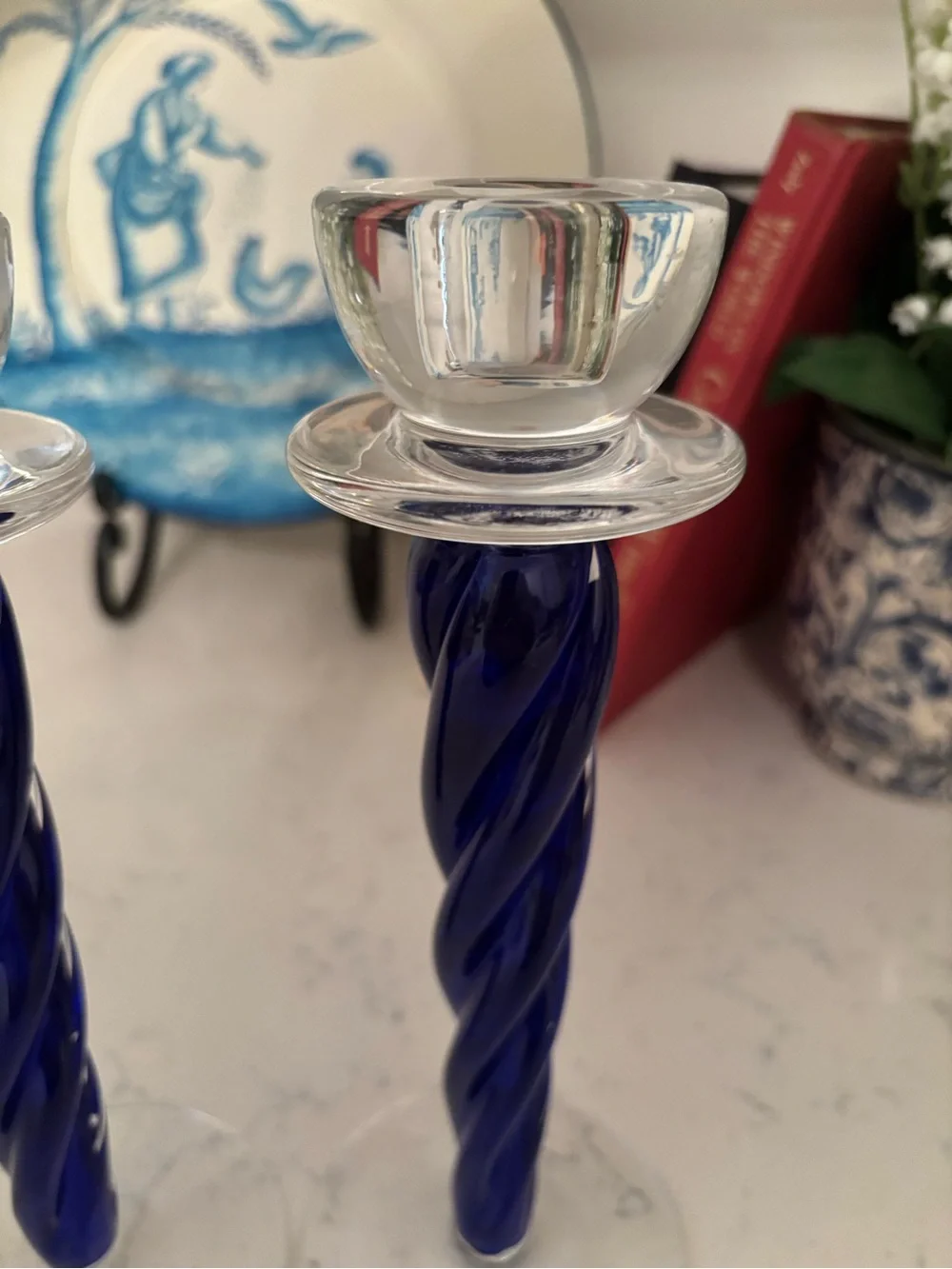 Kosta Boda Cobalt Blue Twisted Glass Candlesticks Pair